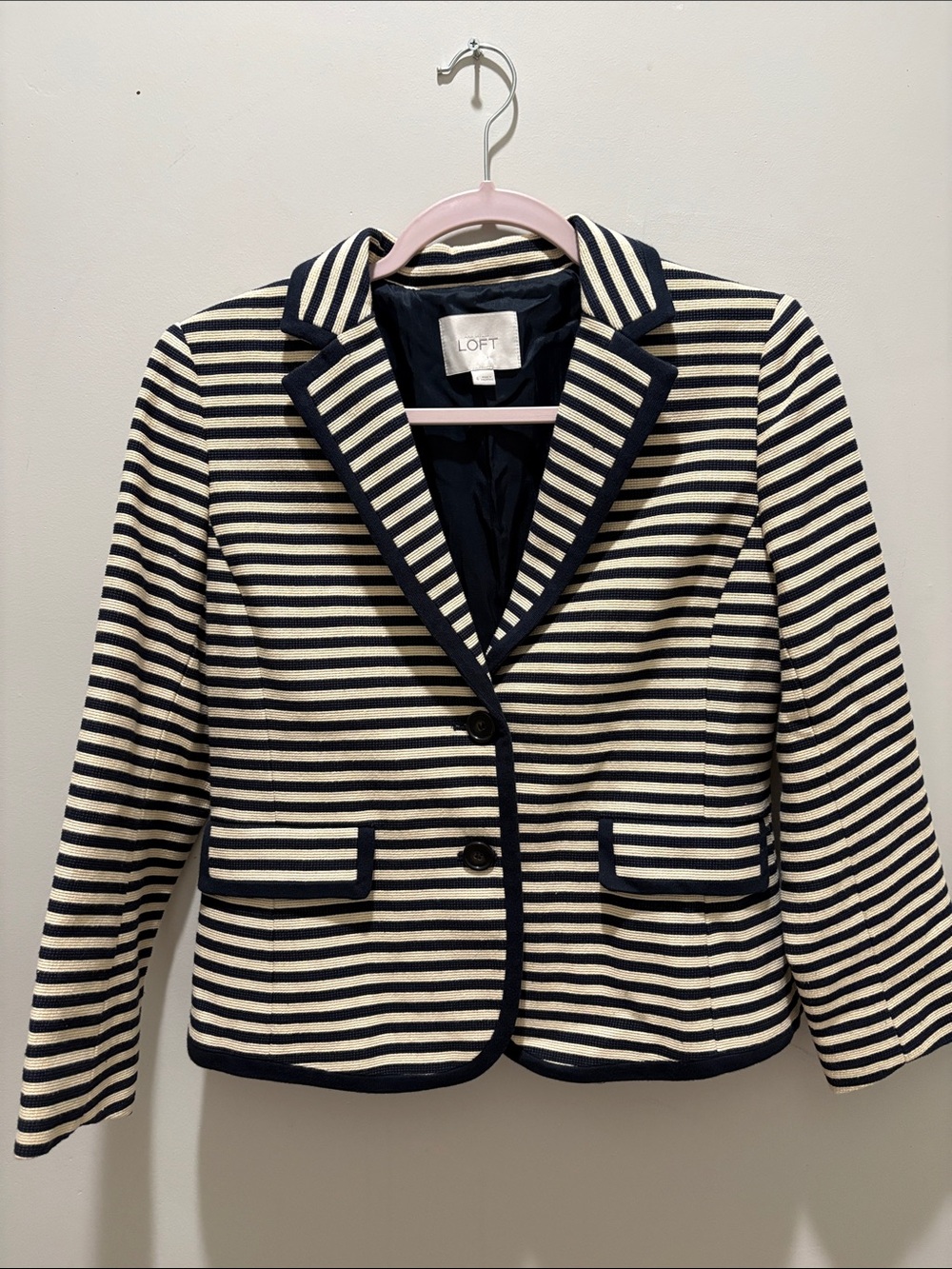 LOFT Navy and Cream Striped Tailored Blazer
